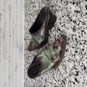 Vintage Green & Brown Donald J Pliner Leather Slip-On Heels sz 7.5 M made Italy